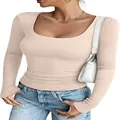 Detailed close-up showing the ribbed texture of this chic beige U-neck long sleeve top - S / Tops / Apricot