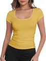 Detailed close-up of a vibrant yellow slim-fit scoop neck t-shirt for summer leisure wear - Yellow