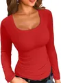 Detailed view of women's red ribbed long sleeve shirt featuring a flattering square neckline - S / Top (8068) / Red