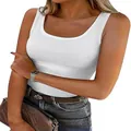 Detailed view of white ribbed sleeveless tank top with square neck and slim fit. - S / Tops / White
