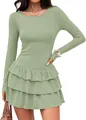 Detail shot of sage green long sleeve knit dress featuring tiered ruffle skirt tiers - Light Green