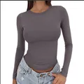 Detail of women's gray slim-fit crew neck long-sleeve top in soft knit fabric - Gray