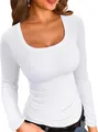 Close-up detail of white ribbed knit long sleeve t-shirt with elegant scoop neckline - S / Top (8068) / White