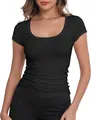 Detailed view of women's black slim-fit scoop neck t-shirt in breathable fabric - Black
