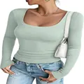 Detail view of a women's sage green ribbed knit long sleeve top with a slim fit U-neckline - S / Tops / Light Blue