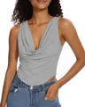 Close-up of grey sleeveless tank top featuring a draped cowl neck and slim fit - S / Tops / Gray