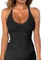 Dettaglio della canotta nera a costine con scollo a V da donna, vestibilità slim sul modello - Taglia S / Top / Nero