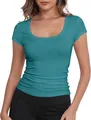 Detailed view of a slim-fit women's scoop neck turquoise t-shirt for casual summer wear - Teal