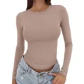Detailed macro view of a slim-fit khaki round neck long sleeve T-shirt for women - Rose Gold