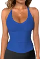 Vista dettagliata della canotta blu a coste con scollo a V e vestibilità slim - Taglia S / Top / Blu