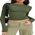 Close-up of a women's slim-fit long-sleeved t-shirt in olive green with a round neck - Army Green