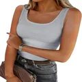 Detail of women's grey ribbed slim fit tank top with scoop neckline - S / Tops / Light Gray