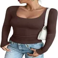 Close-up of women's ribbed knit brown top with a U-neckline and slim fit design - S / Tops / Coffee