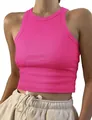 Close-up of hot pink rib-knit sleeveless halter crop top for women summer style. - Rose Red