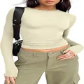 Slim fit long sleeve crew neck t-shirt for women in light beige casual streetwear style - Apricot