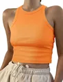 Close-up of vibrant orange ribbed slim fit sleeveless crop tank top worn by model - Orange Red