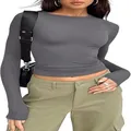 Detailed look at the fabric and fit of a women's slim grey crew neck long sleeve tee - Dark Gray