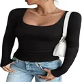 Close-up detail of women's black U-neck ribbed knit long-sleeve slim fit casual top - S / Tops / Black