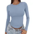 Detail view of a slim fit light blue long sleeve crew neck t-shirt for women's basic wear - S / Tops / Light Blue
