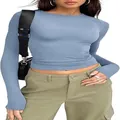 Close-up of a slim-fit women's long-sleeved t-shirt in light blue with a crew neck. - Blue