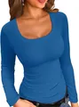 Detail view of blue long-sleeved ribbed top for women with elegant square neckline and slim fit - Sapphire Blue