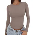 Detailed close-up of a slim fit women's crew neck long sleeve top in taupe color - Brown