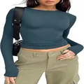 Detail view of a women's slim-fit solid teal blue long-sleeved crewneck casual T-shirt - XS / Tops / Aqua
