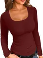Detailed view of women's burgundy ribbed long sleeve slim fit casual T-shirt with a square neck - Burgundy