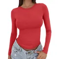 A detailed view of a women's red slim-fit crew neck long-sleeved basic T-shirt top - Red
