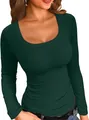 Close-up of women's dark green ribbed long sleeve t-shirt with square neckline - Ink Green
