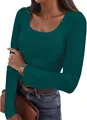 Dettaglio top a maniche lunghe a costine da donna vestibilità slim in color verde scuro - Blu-Verde