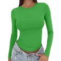 Close-up of vibrant green slim-fit long-sleeve T-shirt with a round neck for women. - Green