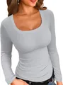 Close-up view of a gray ribbed long-sleeved T-shirt featuring a deep U-shaped neckline - S / Top (8068) / Light Gray