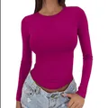 Detailed view of women's fuchsia slim-fit long-sleeve T-shirt with a classic crewneck. - Dark Red