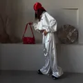 Women's stylish white satin tracksuit set with loose hoodie and wide-leg pants - S / Top And Bottom / Pearl White