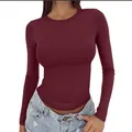 Elegant women's slim fit long sleeve round neck T-shirt in professional solid maroon - Burgundy
