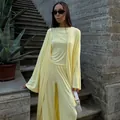 Elegante completo giallo 3 pezzi con cardigan lungo e pantaloni a gamba larga - Taglia S / Top E Pantaloni / Giallo
