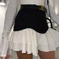 Minifalda evasé elegante en blanco y negro con detalles de volantes en capas para verano - S / Bottoms / Negro y Blanco (Sin Cinturón)