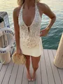 Detailed view of cream sequined halter top with draped cowl neck for beach party - Beige