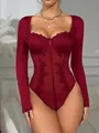 Close-up of elegant burgundy long-sleeved bodysuit with sheer lace and boning detail - S / Tops / With Underwire No Pads Crotch Snaps / Burgundy