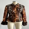 Detail of vintage spotted faux fur jacket with stand collar and plush cuffs. - S / Tops / Deer Print