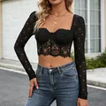 Sexy black long-sleeve lace crop top with hollow mesh design and slim fit for women - S / Tops / Black