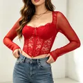Elegant red lace and mesh long sleeve corset top with boning for a slim fit look - S / Tops / Red