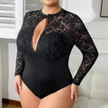 Body noir grande taille à manches longues avec motifs en dentelle florale - 3XL / Hauts / Noir