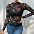 Elegant sexy sheer black floral lace long sleeve mesh top tight slim fit blouse for women - S / Tops / Black