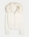 Detailed view of white women's hooded puffer jacket with cozy faux fur collar trim - S / Top (XTD3372) / White