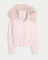 Detailed front view of women's short pink puffer jacket with a fluffy faux fur hood - S / Top (XTD3372) / Pink