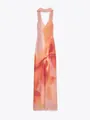 Front view of an elegant V-neck floral print maxi dress in pink and orange tones - S / Dresses / Pink