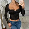Sexy schwarzes Mesh-Spitzen-Patchwork-Langarm-Korsett-Top mit Bügeln und Stäben - S / Oberteile / Schwarz