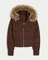 Short dark brown women's winter puffer jacket with faux fur hood trim and ribbed cuffs - S / Top (XTD3372) / Brown